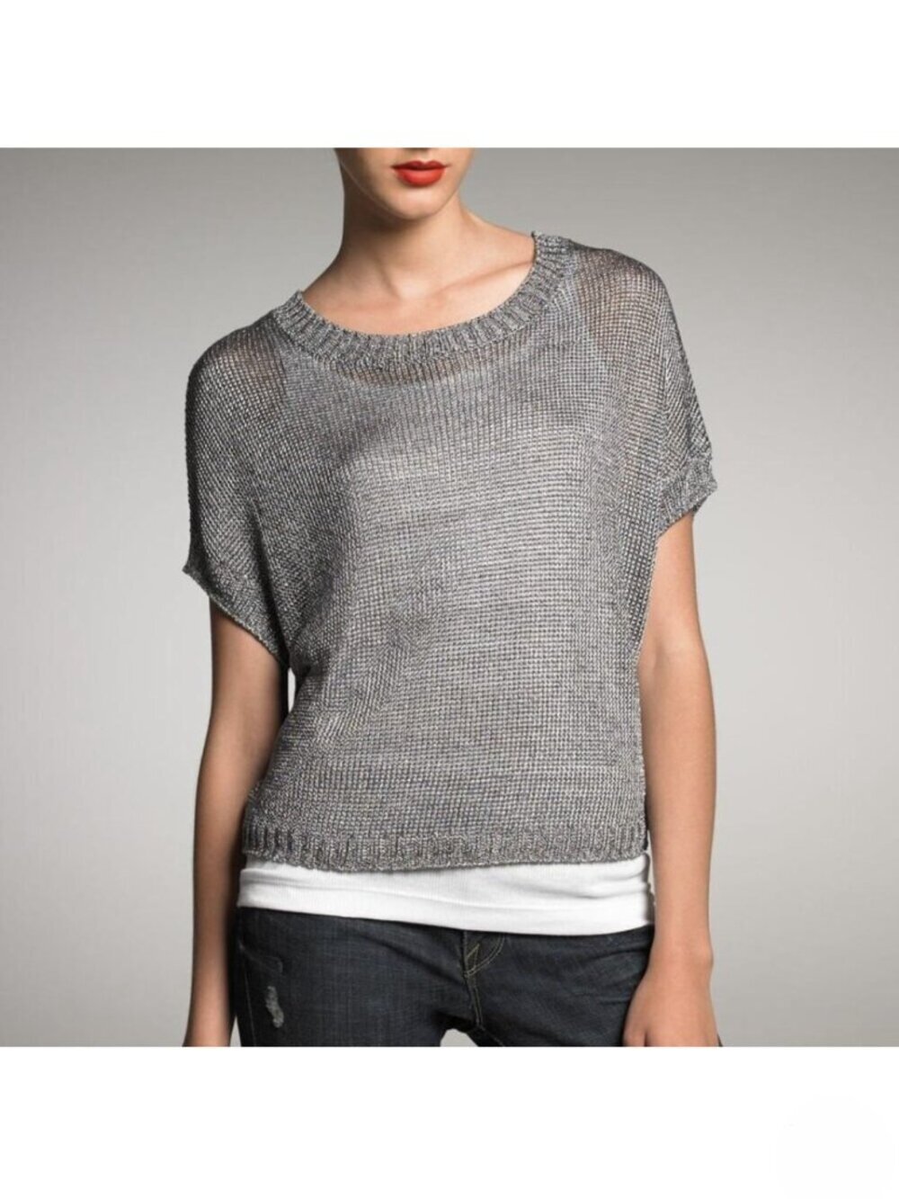 Vince Metallic Silver Open Knit Sweater Rayon Blend Short Sleeve Pullover XS
